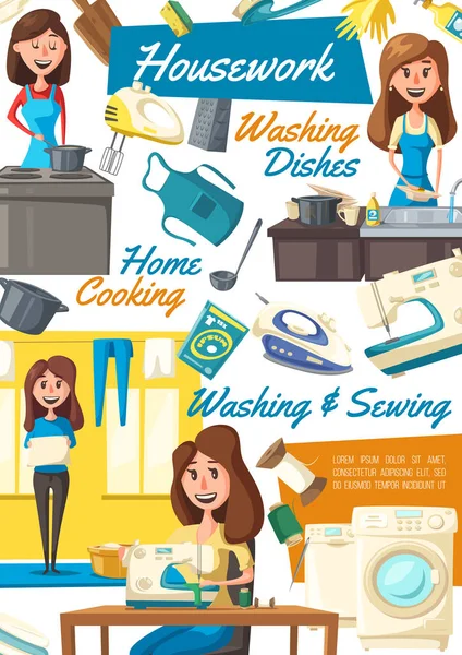 Afiche de limpieza y limpieza con ama de casa — Vector de stock