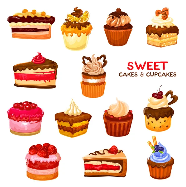 Dolci di torta e cupcake con panna e bacche — Vettoriale Stock