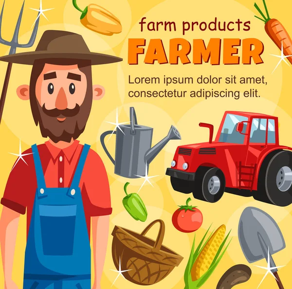 农夫用拖拉机和蔬菜收获海报 — 图库矢量图片