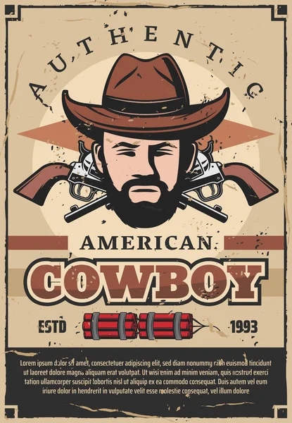 Amerikanisches Cowboy-Retro-Poster mit Mann und Revolver — Stockvektor