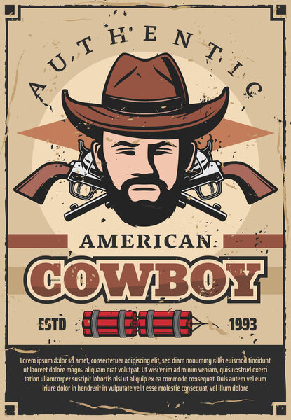 Американский ковбойский ретро-плакат с человеком и револьвером
