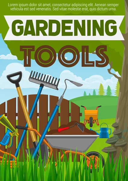 Cartel de herramientas de jardinería con equipo de horticultura — Archivo Imágenes Vectoriales