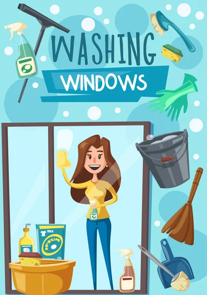 Lavage des outils de nettoyage de vitres affiche avec femme — Image vectorielle