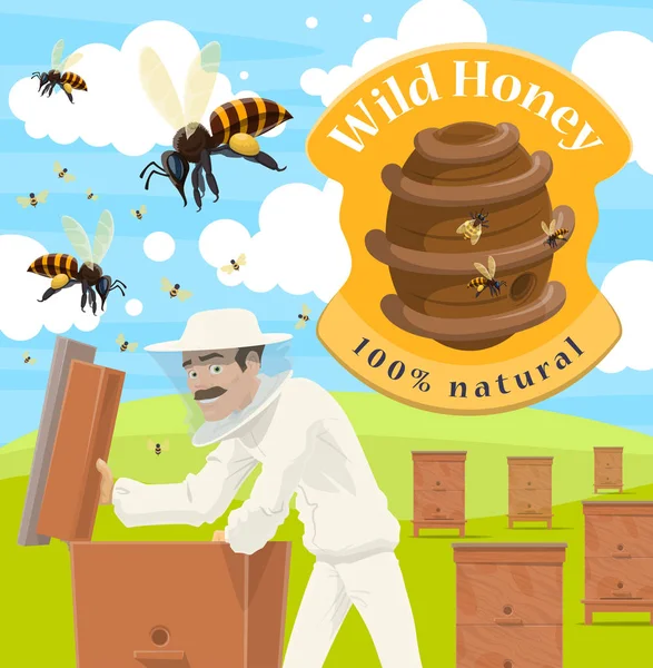 Honey farm plakát s mužské včelaře ve včelařství — Stockový vektor