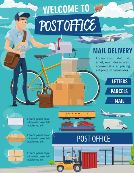 Post office poster with mailman delivering letters — Stock Vector