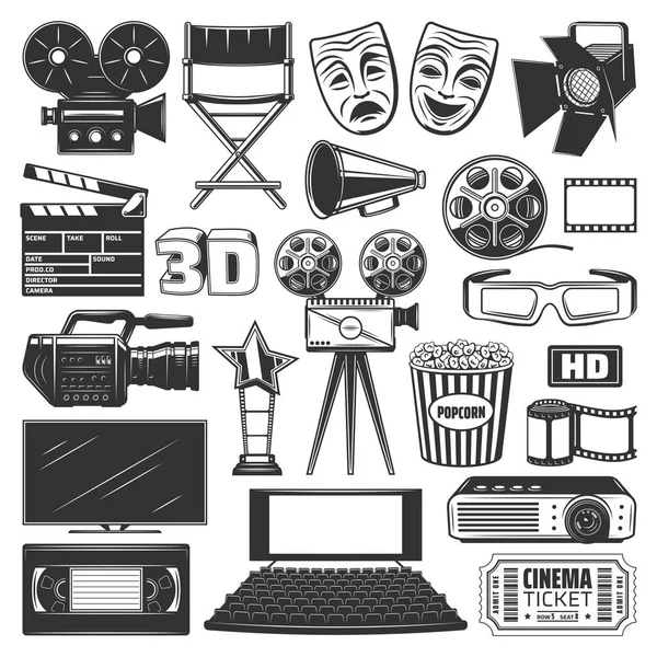 Producción de cine, equipos de observación signos iconos — Vector de stock