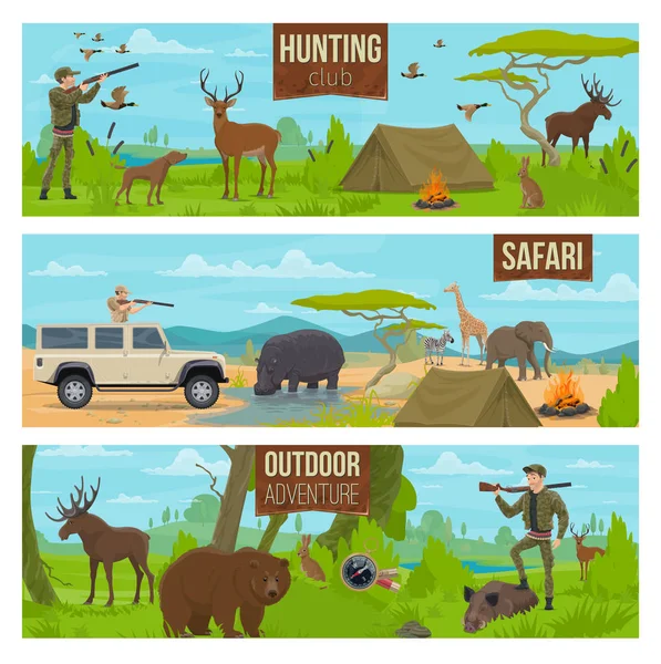 Deportes de caza aventura al aire libre y pancartas de safari — Vector de stock