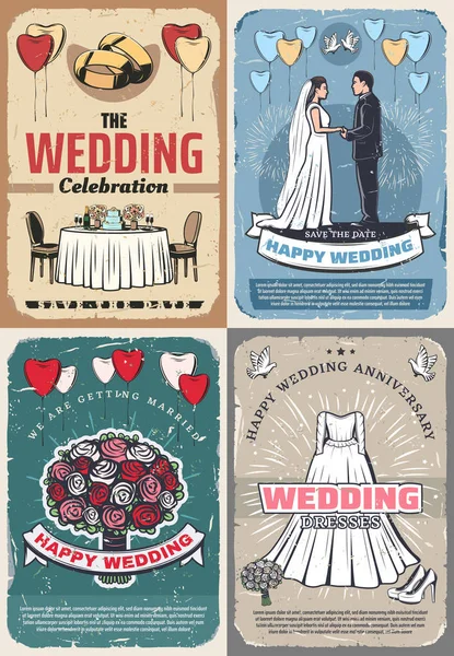 婚礼和结婚庆典复古海报 — 图库矢量图片