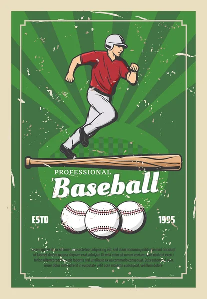 Baseball retro plakát s sportovní předměty a hráč — Stockový vektor