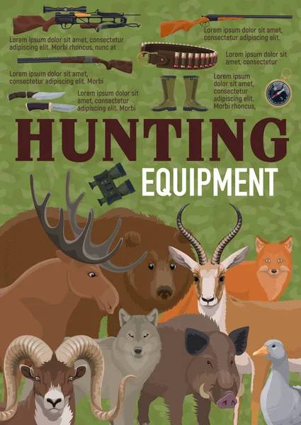 Hunting equipment retro poster with forest animals — Stock Vector