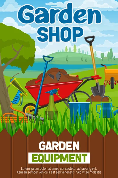 Manifesto negozio da giardino con attrezzi agricoli sul prato — Vettoriale Stock