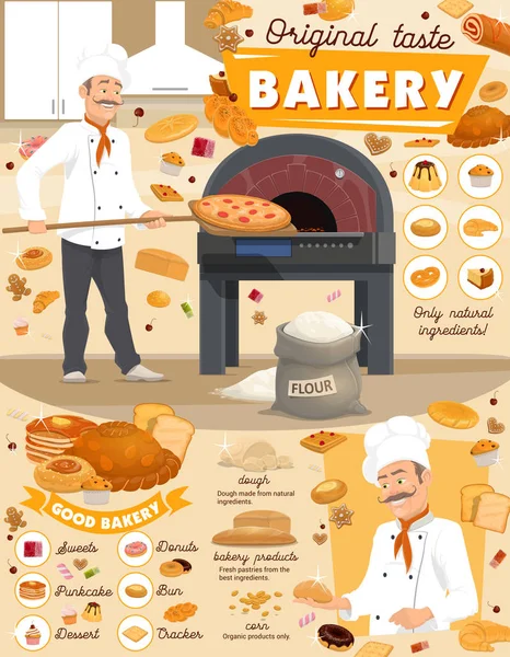 Cartaz de padaria com padeiro perto do fogão cozinhando pizza — Vetor de Stock