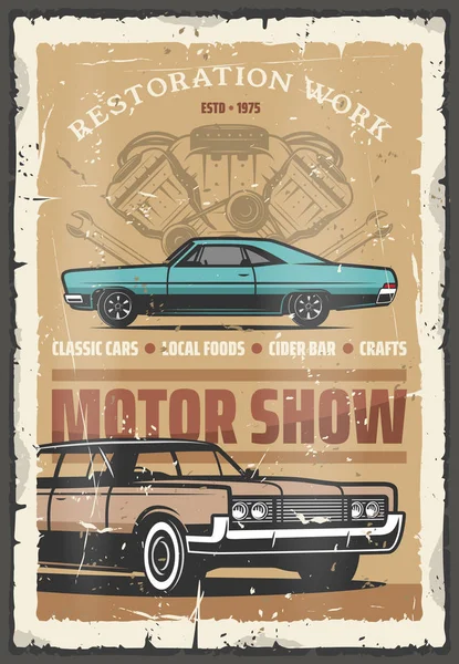 Motor show retro poster with old vintage vehicles — Stock Vector