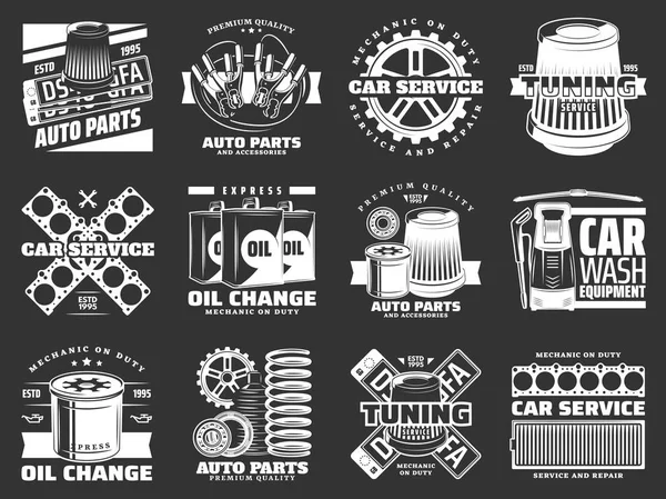 Servicio de coches y piezas de automóviles monocromo iconos vector — Vector de stock