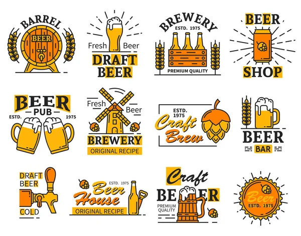 Beer house bar eller bryggeri ikoner med alkohol dryck — Stock vektor
