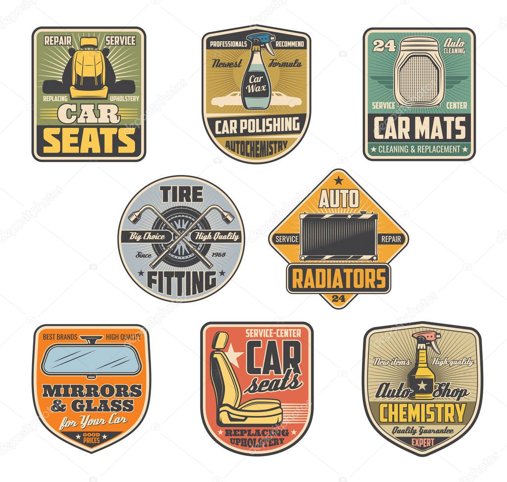 Car repair service vintage retro icons for auto shop. Vector vehicle interior parts, mirrors and glass, radiator and chemistry for cleaning, tire fitting, seats mats for salon, polishing chemistry