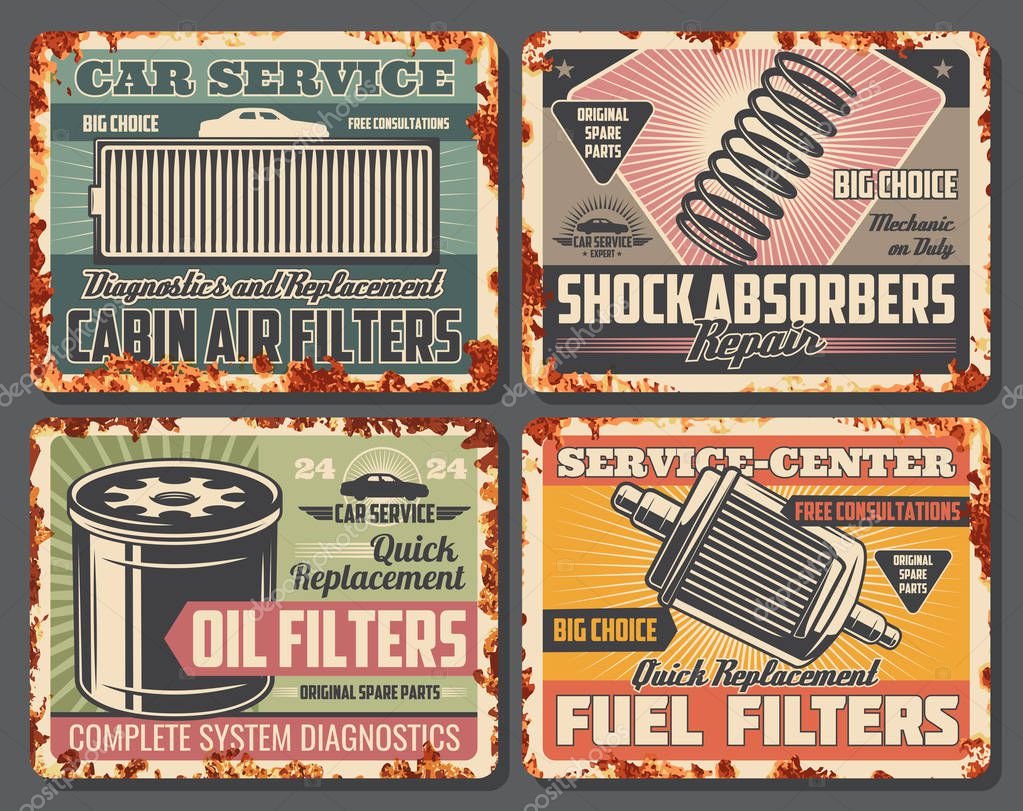 Car repair service retro cards covered with rust. Cabin air and fuel or oil filters, shock absorbers for vehicle, garage fixing posters. Auto parts replacement and automobile repairing vector icons