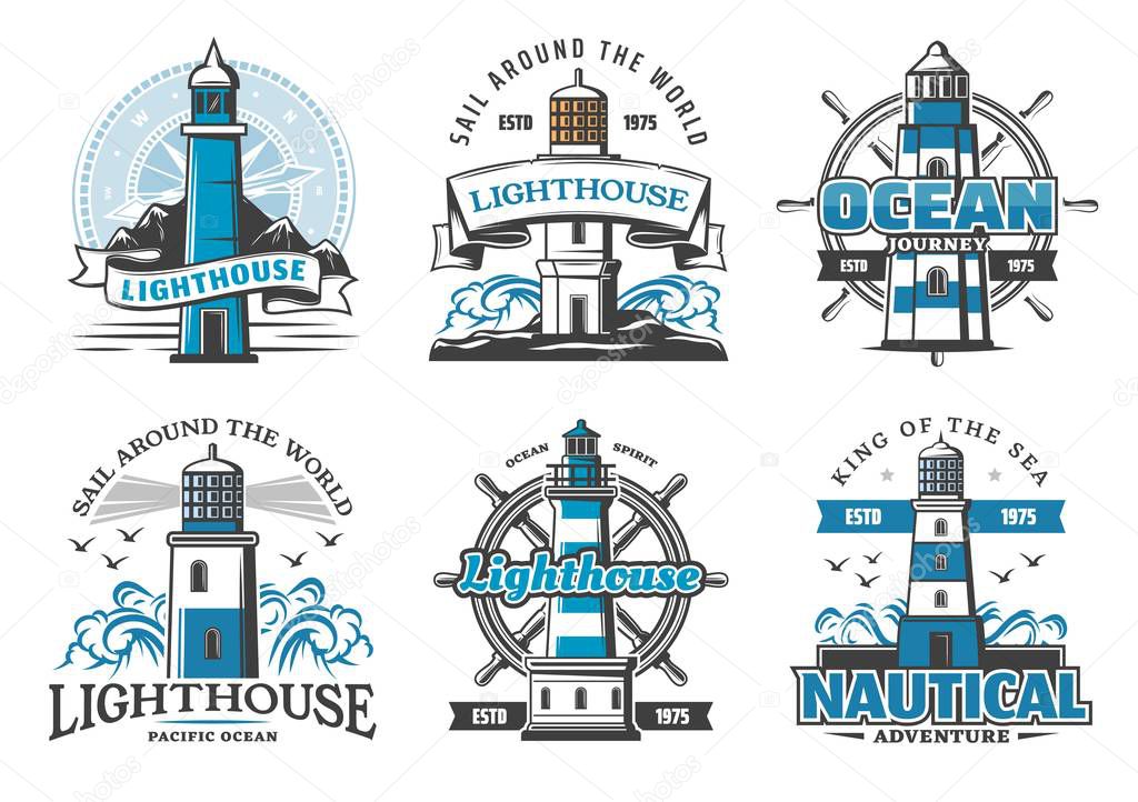 Lighthouse and nautical adventure icons. Rudder wheel and seagulls, marine beacon signal tower on cliff with ribbons. Searchlight tower for ship safe navigation and maritime service, sea signs