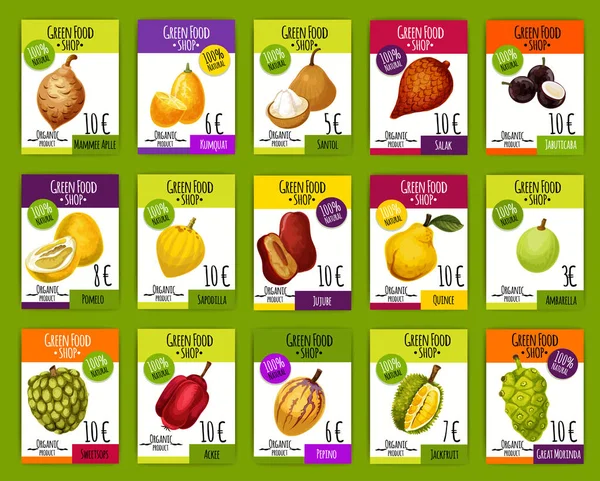Exotic tropical fruits market price cards — Stock Vector