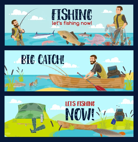 Fiskare med stavar, tacklingar och fisk fånga — Stock vektor