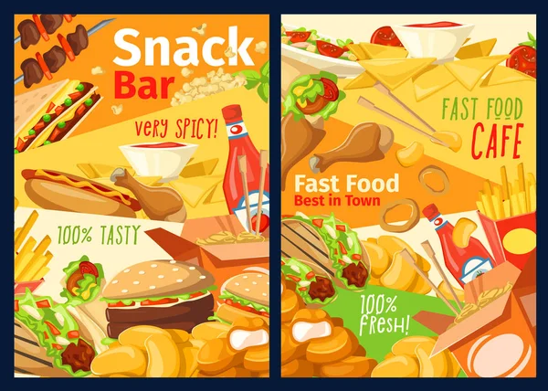 Fastfood snacks, broodjes en hamburgers menu — Stockvector