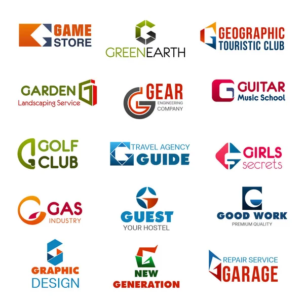 Club, agencia e identidad industrial G iconos — Vector de stock