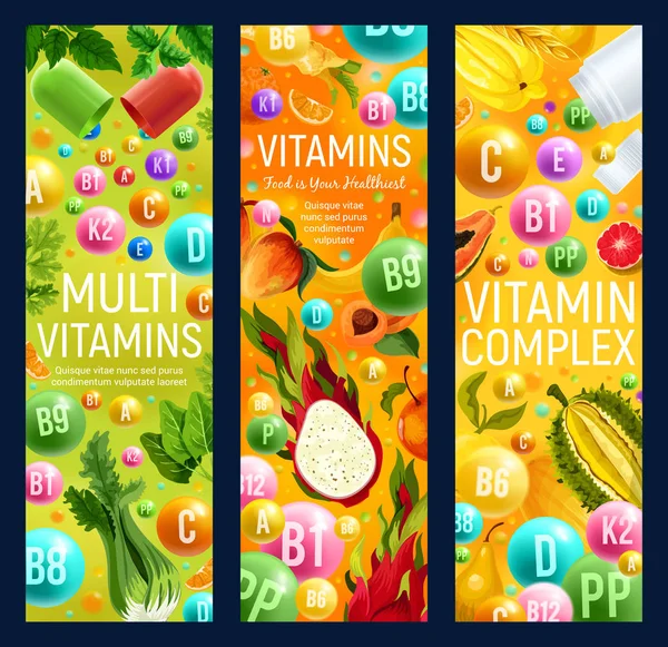 Complexe de multivitamines dans les fruits et légumes — Image vectorielle