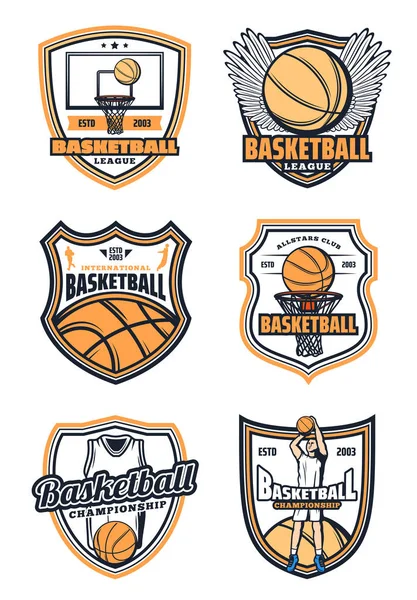 Basketbal spel badges en sport pictogrammen — Stockvector