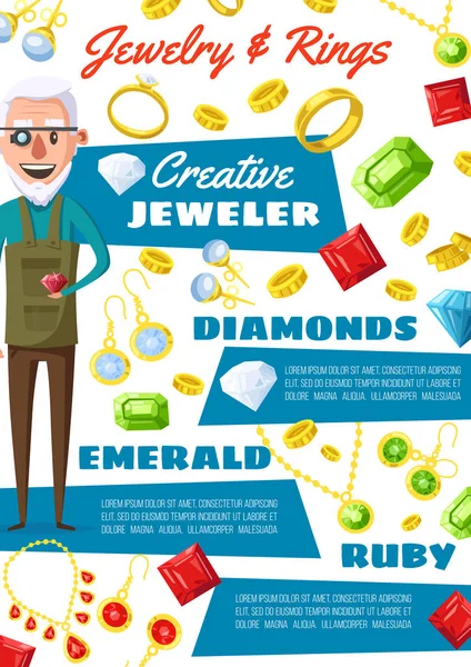 Jeweler man and gemstone jewels, vector — Stock Vector