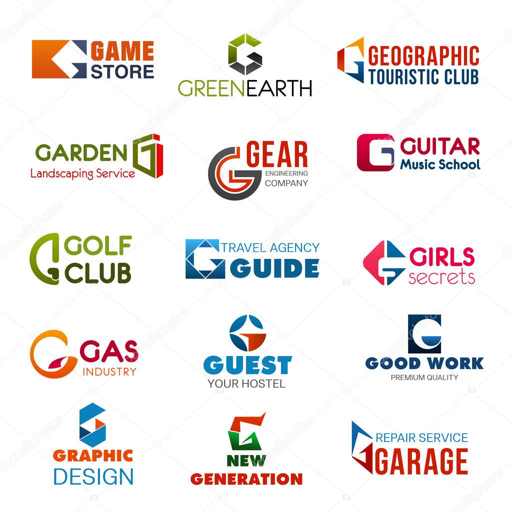 Letter G vector corporate identity, industry or company brand template. Vector abstract G letter in game store, golf club or guest hostel, garage repair service with graphic design agency or studio