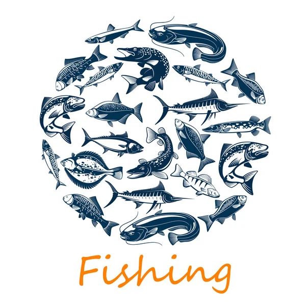 Cartel de pesca con peces de mar y océano, vector — Archivo Imágenes Vectoriales