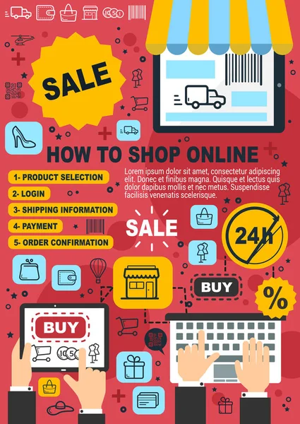 Compras on-line, guia de compra de loja web —  Vetores de Stock