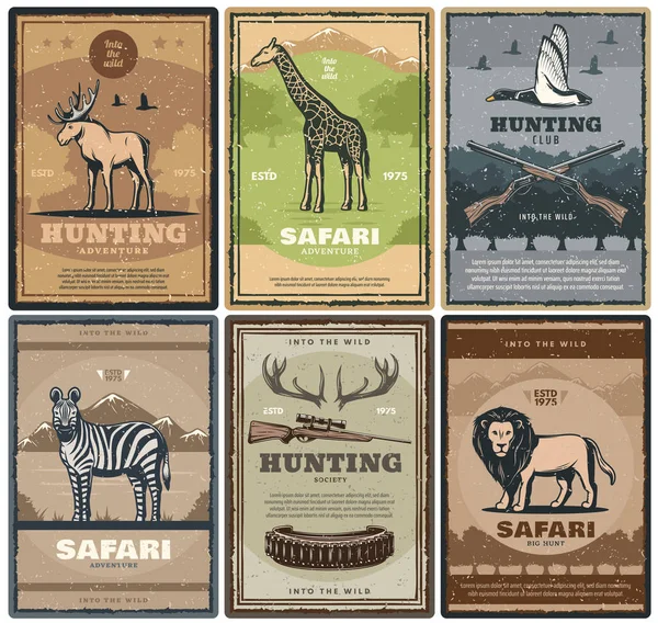 Wild Safari dieren. Hunter club — Stockvector