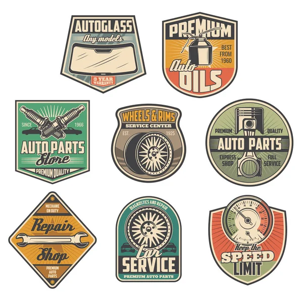 Estación de servicio de coches, iconos de la tienda de repuestos — Archivo Imágenes Vectoriales