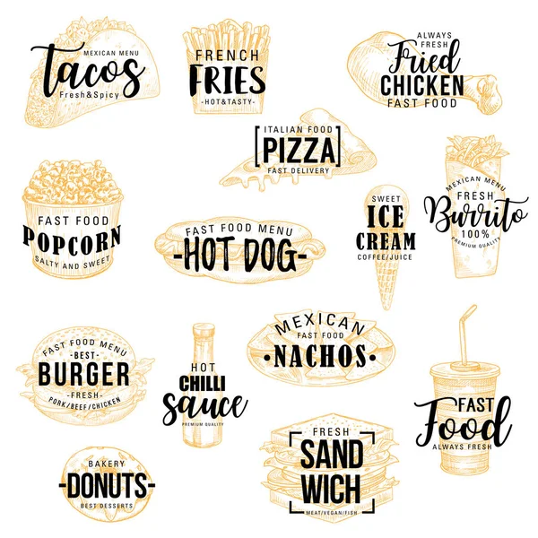 Fast-Food-Snacks, Burger und Pizza-Schriftzug — Stockvektor