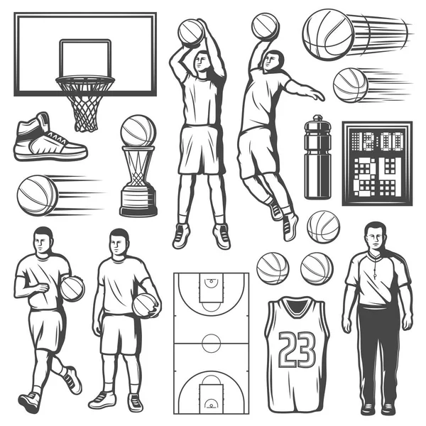 Koszykówka gry graczy i sprzęt, wektor — Wektor stockowy