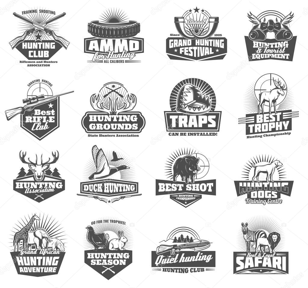 Hunting club symbols and wild animals icons, hunter open season adventure. Vector ammo rifle fun or knife and binoculars with trap, duck, elk or deer antlers and african safari zebra or lion