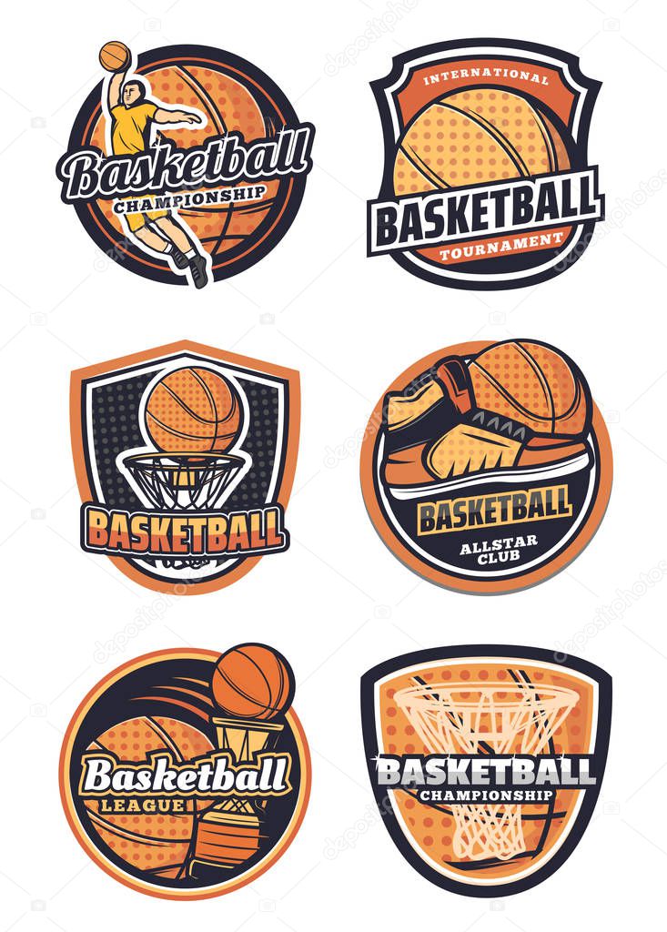 Basketball league, championship or tournament, sport team badges. Vector icons of basketball ball in basket net goal, player and sneakers, victory cup game contest