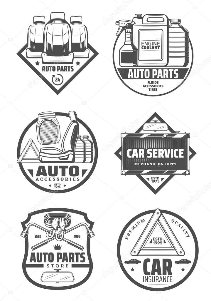 Car auto parts and service, vector icons