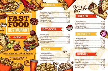 Fast food hamburger, sosisli ve Kebap menü