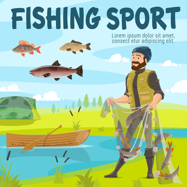 Fiske sport fisher och fisk i netto, vektor — Stock vektor