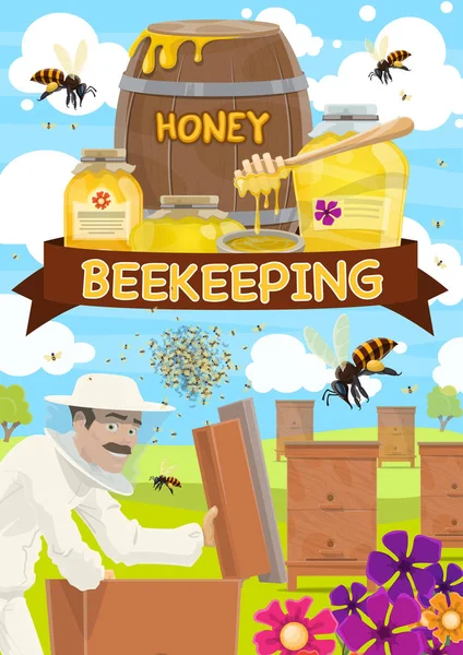 Apiculture, tonneaux de miel et ruches — Image vectorielle