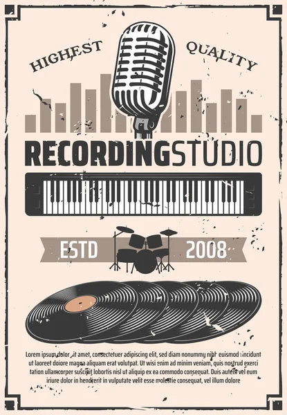 Recording studio microphone, vinyl discs — Stock Vector
