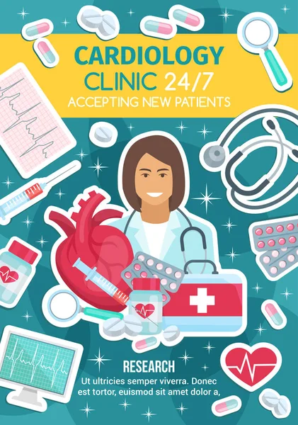 Cardioloog arts, cardiologykit en hart — Stockvector