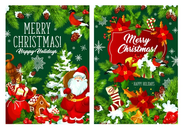 Árboles de Navidad, decoraciones y Santa — Vector de stock