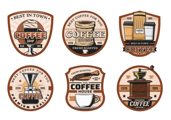 Koffieshop, kopjes en bonen pictogrammen — Stockvector