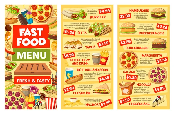 Fastfood-Menü-Banner zum Mitnehmen Lebensmittel und Preise — Stockvektor