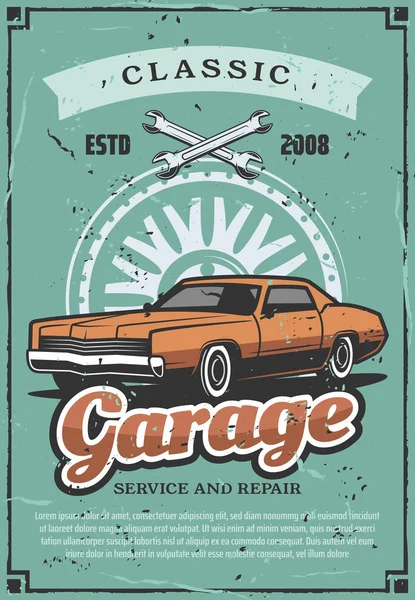 Garagem serviço de reparação, vetor de carro vintage — Vetor de Stock