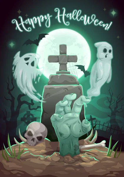 Halloween geest monster, zombie hand op begraafplaats — Stockvector