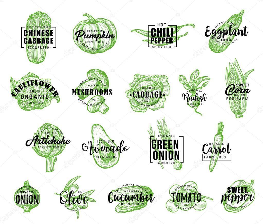 Farm vegetables icons with lettering